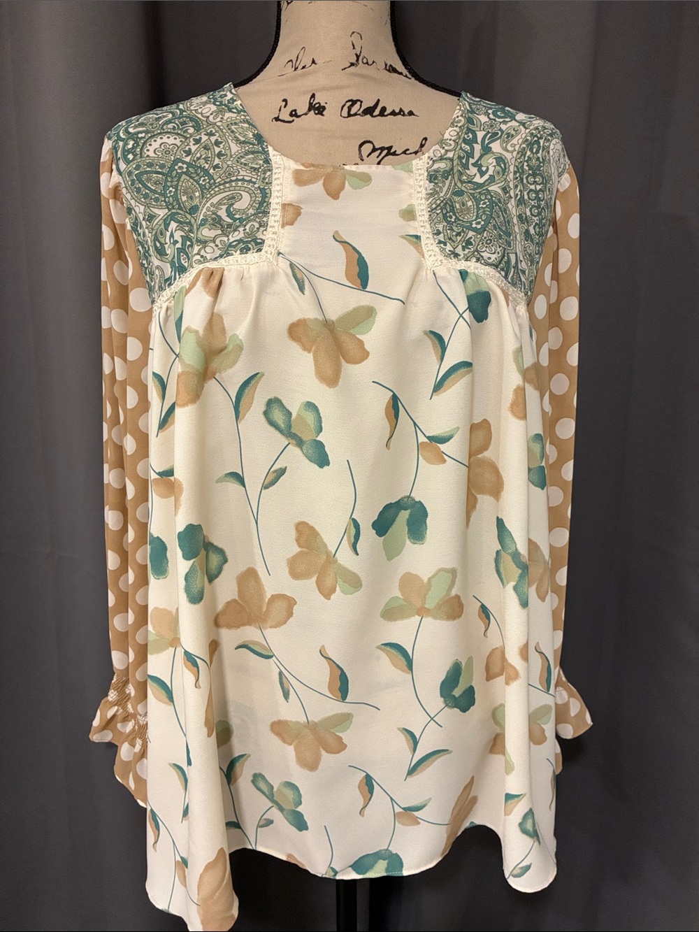 Cato Cream Blouse with Teal & Tan Floral Patchwork